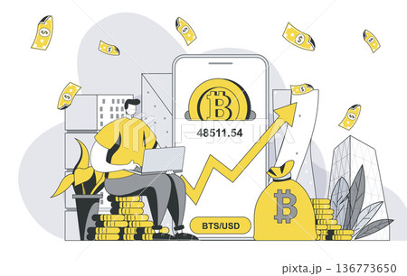 Cryptocurrency investment concept with outline people scene. Man buys bitcoins and increases income, digital money and success crypto business. Vector illustration in flat line design for web template Cryptocurrency investment concept with outline people scene. Man buys bitcoins and increases income, digital money and success crypto business. Vector illustration in flat line design for web template 136773650