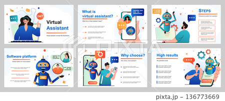 Virtual assistant concept for presentation slide template. Operator advises customers who have contacted support service. Chatbot robot helps and sends messages. Vector illustration for layout design 136773669