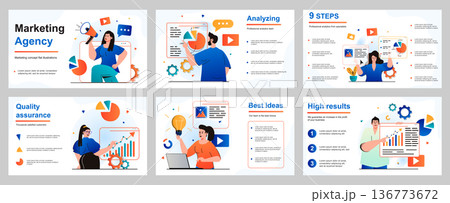 Marketing concept for presentation slide template. Marketers and analysts work at agency, make advertising campaigns, analyze data, increase business income. Vector illustration for layout design 136773672