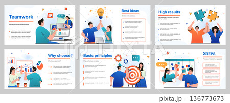 Teamwork concept for presentation slide template. People work together, generate ideas, discuss tasks, analyze data, targeting, achieving goals, collaboration. Vector illustration for layout design 136773673