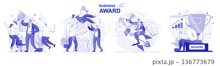 Business award isolated set in flat design. People celebrate victory, get cup, win trophies, success collection of scenes. Vector illustration for blogging, website, mobile app, promotional materials. Business award isolated set in flat design. People celebrate victory, get cup, win trophies, success collection of scenes. Vector illustration for blogging, website, mobile app, promotional materials. 136773679