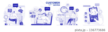 Customer service isolated set in flat design. People advice and support, operator call center, collection of scenes. Vector illustration for blogging, website, mobile app, promotional materials. Customer service isolated set in flat design. People advice and support, operator call center, collection of scenes. Vector illustration for blogging, website, mobile app, promotional materials. 136773686