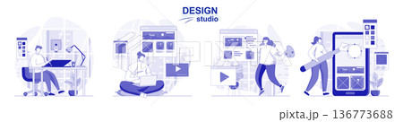 Design studio isolated set in flat design. People draw graphic elements and create web content, collection of scenes. Vector illustration for blogging, website, mobile app, promotional materials. 136773688
