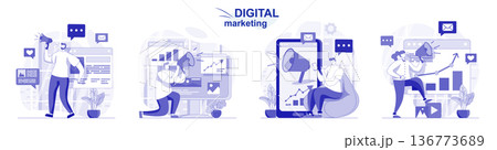 Digital marketing isolated set in flat design. People attraction new clients and online promotion, collection of scenes. Vector illustration for blogging, website, mobile app, promotional materials. Digital marketing isolated set in flat design. People attraction new clients and online promotion, collection of scenes. Vector illustration for blogging, website, mobile app, promotional materials. 136773689