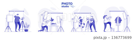 Photo studio isolated set in flat design. People take photos on professional camera with lights, collection of scenes. Vector illustration for blogging, website, mobile app, promotional materials. 136773699