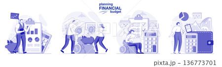 Planning financial budget isolated set in flat design. People make accounting analysis, bookkeeping, collection of scenes. Vector illustration for blogging, website, mobile app, promotional materials. 136773701