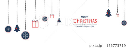 Merry Christmas and New Year 2022 poster. Xmas minimal banner design with hanging trees, gifts, balls and text on white background. Horizontal website header. Vector illustration for greeting card Merry Christmas and New Year 2022 poster. Xmas minimal banner design with hanging trees, gifts, balls and text on white background. Horizontal website header. Vector illustration for greeting card 136773719