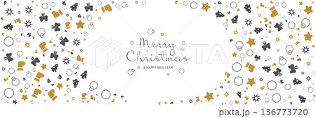 Merry Christmas and New Year 2022 poster. Xmas minimal banner design with trees, stars, bows, socks pattern and text on white background. Horizontal web header. Vector illustration for greeting card Merry Christmas and New Year 2022 poster. Xmas minimal banner design with trees, stars, bows, socks pattern and text on white background. Horizontal web header. Vector illustration for greeting card 136773720