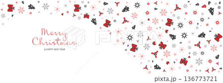 Merry Christmas and New Year 2022 poster. Xmas minimal banner with trees, snowflakes, stars pattern border and text on white background. Horizontal web header. Vector illustration for greeting card Merry Christmas and New Year 2022 poster. Xmas minimal banner with trees, snowflakes, stars pattern border and text on white background. Horizontal web header. Vector illustration for greeting card 136773721
