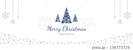 Merry Christmas and New Year 2022 poster. Xmas minimal banner with abstract trees, hanging snowflakes and text on white background. Horizontal web header. Vector illustration for greeting card design 136773729