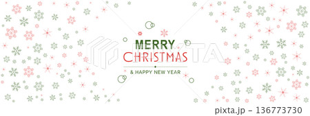 Merry Christmas and New Year 2022 poster. Xmas minimal banner with snowflakes pattern frame and text on white background. Horizontal website header. Vector illustration for greeting card design 136773730