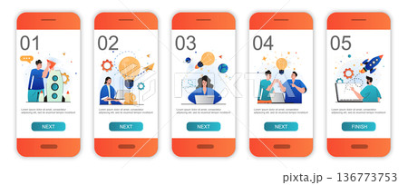 Business startup concept onboarding screens for mobile app templates. Success launch new project. Modern UI, UX, GUI screens user interface kit with people scenes for web design. Vector illustration Business startup concept onboarding screens for mobile app templates. Success launch new project. Modern UI, UX, GUI screens user interface kit with people scenes for web design. Vector illustration 136773753
