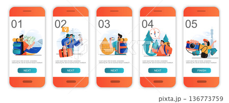Traveling concept onboarding screens for mobile app templates. Tourists going worldwide trip. Modern UI, UX, GUI screens user interface kit with people scenes for web design. Vector illustration 136773759