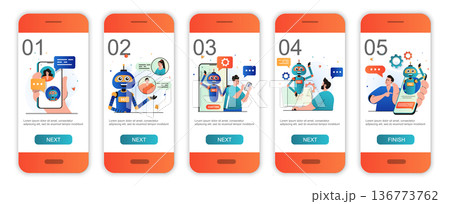 Virtual assistant concept onboarding screens for mobile app templates. Tech support and chatbots. Modern UI, UX, GUI screens user interface kit with people scenes for web design. Vector illustration Virtual assistant concept onboarding screens for mobile app templates. Tech support and chatbots. Modern UI, UX, GUI screens user interface kit with people scenes for web design. Vector illustration 136773762