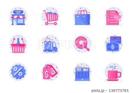 Shopping concept web flat color icons with shadow set. Pack pictograms of store, delivery, order, payment, discount, sale, price and other. Vector illustration of symbols for website mobile app design 136773765