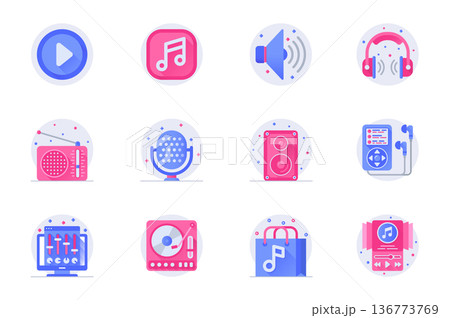 Music and radio station concept web flat color icons with shadow set. Pack pictograms of volume, microphone, earphones, play and other. Vector illustration of symbols for website mobile app design Music and radio station concept web flat color icons with shadow set. Pack pictograms of volume, microphone, earphones, play and other. Vector illustration of symbols for website mobile app design 136773769
