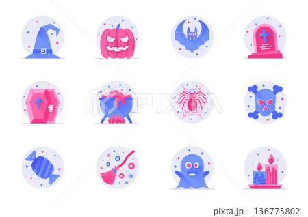 Halloween concept web flat color icons with shadow set. Pack pictograms of witch hat, pumpkin, bat, cemetery, spider, skull and other. Vector illustration of symbols for website mobile app design 136773802