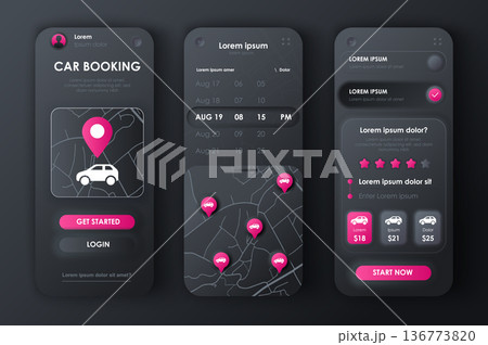 Car booking concept neumorphic templates set. Transportation services, choice of vehicles, rating of drivers. UI, UX, GUI screens for responsive mobile app. Vector design kit in neumorphism style Car booking concept neumorphic templates set. Transportation services, choice of vehicles, rating of drivers. UI, UX, GUI screens for responsive mobile app. Vector design kit in neumorphism style 136773820