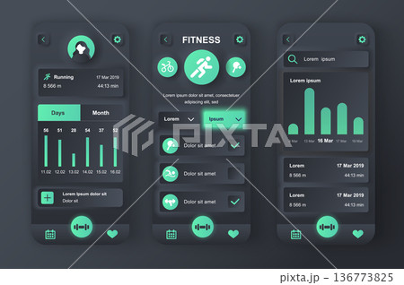Fitness workout concept neumorphic templates set. Daily running tracker, sports activity, training planning. UI, UX, GUI screens for responsive mobile app. Vector design kit in neumorphism style 136773825