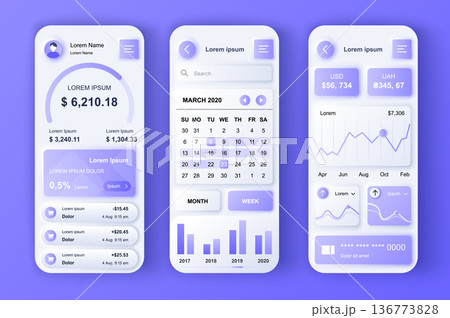Finance services concept neumorphic templates set. Online banking, income statistics, planning and investments. UI, UX, GUI screens for responsive mobile app. Vector design kit in neumorphism style 136773828
