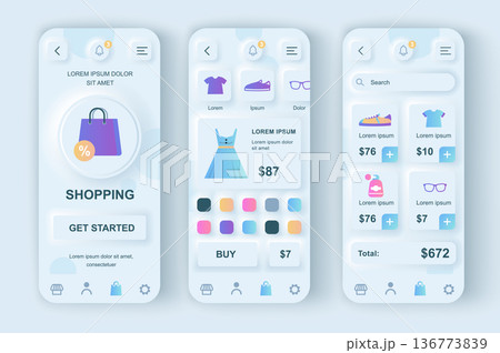 Online shopping concept neumorphic templates set. Clothes and shoes store web page, purchase of goods, payment. UI, UX, GUI screens for responsive mobile app. Vector design kit in neumorphism style 136773839