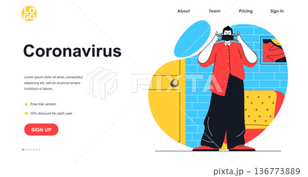 Coronavirus prevention web banner concept. Man puts on medical mask in front of door. Precautions of virus spreading, landing page template. Vector illustration with people scene in flat design Coronavirus prevention web banner concept. Man puts on medical mask in front of door. Precautions of virus spreading, landing page template. Vector illustration with people scene in flat design 136773889