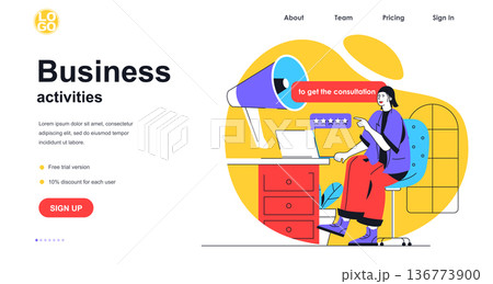 Business activities web banner concept. Businesswoman making advertising campaign, online promotion, get consultation, landing page template. Vector illustration with people scene in flat design Business activities web banner concept. Businesswoman making advertising campaign, online promotion, get consultation, landing page template. Vector illustration with people scene in flat design 136773900