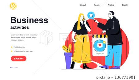 Business activities web banner concept. Man recommends service to woman, advertising campaign and promotion, partnership landing page template. Vector illustration with people scene in flat design 136773901
