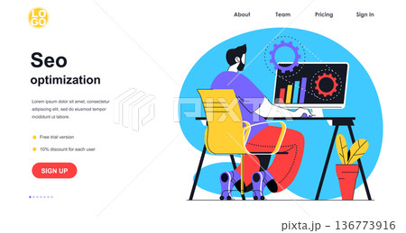 Seo optimization web banner concept. Man analyzes data, settings search results, optimized website, working at computer, landing page template. Vector illustration with people scene in flat design Seo optimization web banner concept. Man analyzes data, settings search results, optimized website, working at computer, landing page template. Vector illustration with people scene in flat design 136773916
