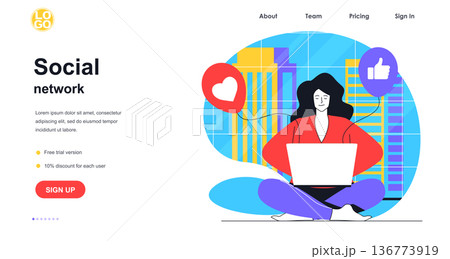 Social network web banner concept. Woman using laptop for browsing, posting, collects likes and hearts, online communication landing page template. Vector illustration with people scene in flat design Social network web banner concept. Woman using laptop for browsing, posting, collects likes and hearts, online communication landing page template. Vector illustration with people scene in flat design 136773919
