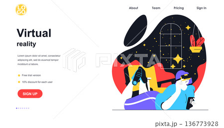Virtual reality web banner concept. Woman with VR glasses explores space and stars in educational augmented simulation, landing page template. Vector illustration with people scene in flat design Virtual reality web banner concept. Woman with VR glasses explores space and stars in educational augmented simulation, landing page template. Vector illustration with people scene in flat design 136773928