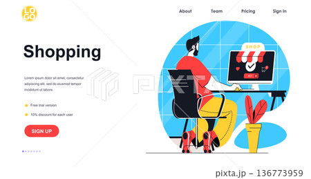 Shopping web banner concept. Man makes purchases at sale on website shop, buying at store, market or mall, e-commerce landing page template. Vector illustration with people scene in flat design Shopping web banner concept. Man makes purchases at sale on website shop, buying at store, market or mall, e-commerce landing page template. Vector illustration with people scene in flat design 136773959