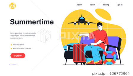 Summertime vacation web banner concept. Man with suitcase and goes on trip, passenger traveler with luggage at airport, landing page template. Vector illustration with people scene in flat design 136773964