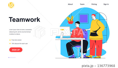 Teamwork web banner concept. Men colleagues working at office and discussing tasks, business collaboration and brainstorming landing page template. Vector illustration with people scene in flat design Teamwork web banner concept. Men colleagues working at office and discussing tasks, business collaboration and brainstorming landing page template. Vector illustration with people scene in flat design 136773968
