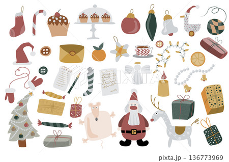 Christmas and New Year isolated elements set. Bundle of holiday decor, xmas tree with balls, toys, gifts, Santa Claus and reindeer, letters. Creator kit for vector illustration in flat cartoon design Christmas and New Year isolated elements set. Bundle of holiday decor, xmas tree with balls, toys, gifts, Santa Claus and reindeer, letters. Creator kit for vector illustration in flat cartoon design 136773969