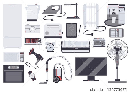 Household appliances isolated elements set. Bundle of refrigerator, iron, kettle, toaster, microwave, oven, TV, vacuum cleaner, fan and more. Creator kit for vector illustration in flat cartoon design Household appliances isolated elements set. Bundle of refrigerator, iron, kettle, toaster, microwave, oven, TV, vacuum cleaner, fan and more. Creator kit for vector illustration in flat cartoon design 136773975