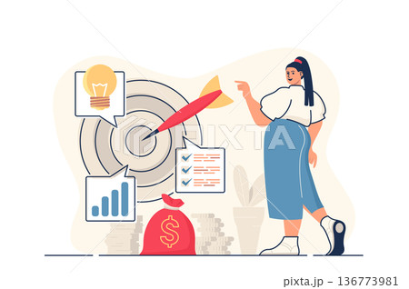Business target concept for web banner. Woman following successful business strategy, aim at target, achievement modern person scene. Vector illustration in flat cartoon design with people characters 136773981