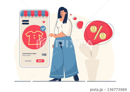 Online shopping concept for web banner. Woman customer makes purchases at discount prices in mobile application modern person scene. Vector illustration in flat cartoon design with people characters 136773989