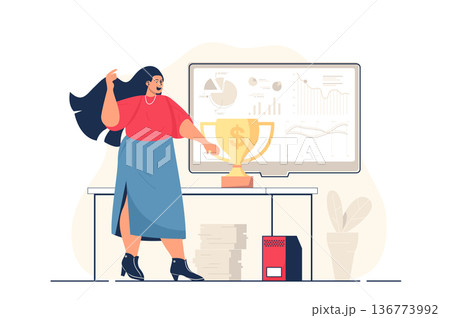 Business award concept for web banner. Businesswoman celebrating victory and achieving goals with trophy cup, modern person scene. Vector illustration in flat cartoon design with people characters 136773992