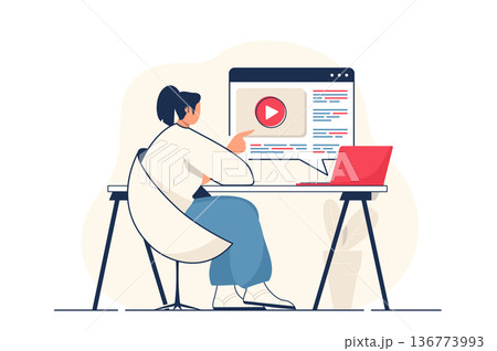 Video marketing concept for web banner. Woman creates and publishes video content, online business promotion modern person scene. Vector illustration in flat cartoon design with people characters Video marketing concept for web banner. Woman creates and publishes video content, online business promotion modern person scene. Vector illustration in flat cartoon design with people characters 136773993