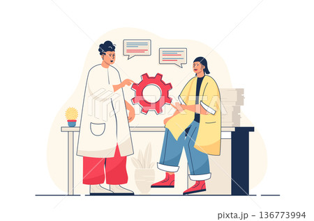 Teamwork concept for web banner. Colleagues discuss work tasks, generate ideas, brainstorming and collaboration modern person scene. Vector illustration in flat cartoon design with people characters 136773994