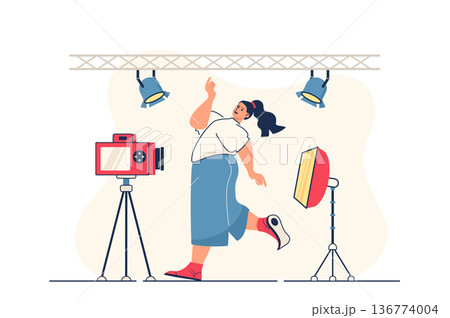 Photo studio concept for web banner. Woman model posing for shoots in professional studio with lighting lamps modern person scene. Vector illustration in flat cartoon design with people characters Photo studio concept for web banner. Woman model posing for shoots in professional studio with lighting lamps modern person scene. Vector illustration in flat cartoon design with people characters 136774004