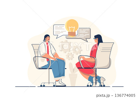 Brainstorming team concept for web banner. Colleagues discuss work tasks, generate new ideas, develop strategy, modern person scene. Vector illustration in flat cartoon design with people characters Brainstorming team concept for web banner. Colleagues discuss work tasks, generate new ideas, develop strategy, modern person scene. Vector illustration in flat cartoon design with people characters 136774005