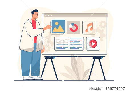 Content manager concept for web banner. Man fills site with video, audio and graphic content and analyzes data, modern person scene. Vector illustration in flat cartoon design with people characters Content manager concept for web banner. Man fills site with video, audio and graphic content and analyzes data, modern person scene. Vector illustration in flat cartoon design with people characters 136774007