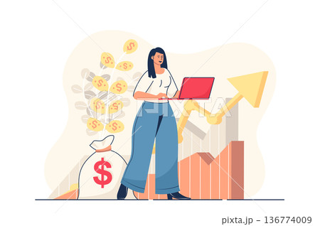 Business growth concept for web banner. Businesswoman analyzes business data and financial statistics, leadership modern person scene. Vector illustration in flat cartoon design with people characters 136774009