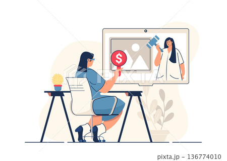 Auction business concept for web banner. Woman bidding in online auction, auctioneer sells art painting, modern person scene. Vector illustration in flat cartoon design with people characters 136774010