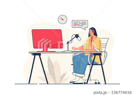 Podcast streaming concept for web banner. Woman with headphones speaks into microphone and broadcasts live, modern person scene. Vector illustration in flat cartoon design with people characters 136774016