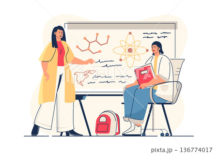 School learning concept for web banner. Student studying in classroom lesson, teacher explaining near blackboard, modern person scene. Vector illustration in flat cartoon design with people characters 136774017