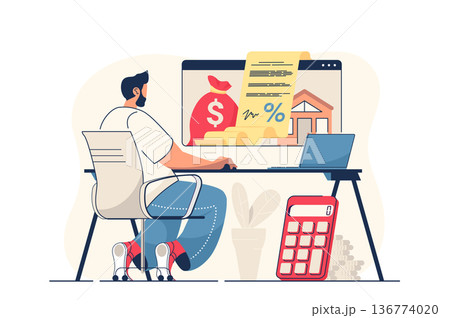 Mortgage concept for web banner. Man takes out mortgage online, signs contract with bank to buy new house, modern person scene. Vector illustration in flat cartoon design with people characters Mortgage concept for web banner. Man takes out mortgage online, signs contract with bank to buy new house, modern person scene. Vector illustration in flat cartoon design with people characters 136774020