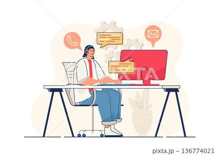 Customer service concept for web banner. Call center operator in headphones talks with client, hotline consultant modern person scene. Vector illustration in flat cartoon design with people characters Customer service concept for web banner. Call center operator in headphones talks with client, hotline consultant modern person scene. Vector illustration in flat cartoon design with people characters 136774021